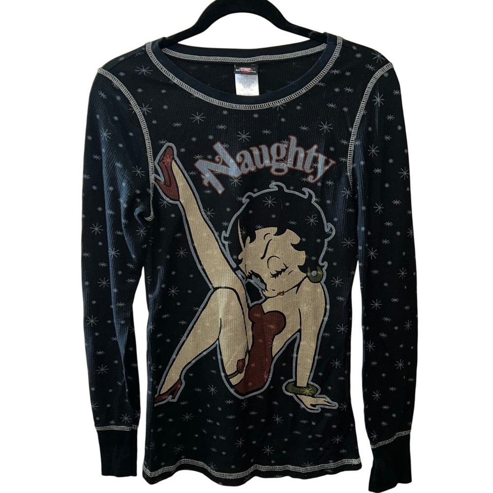 Betty Boop Naughty Thermal Shirt‎ Black Starburst Graphic Long Sleeve Junior XL